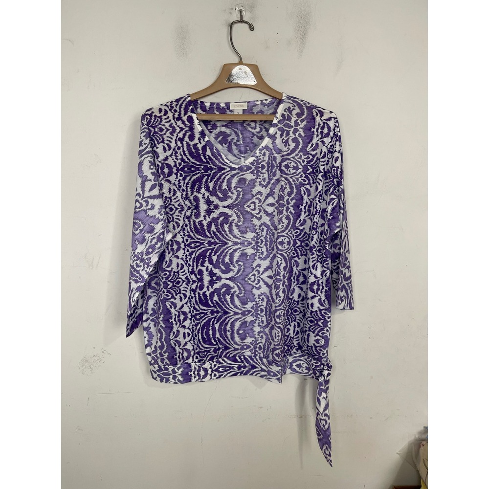 Chicos Purple White Ikat Damask Print V-Neck Side Tie Top Size 2 L Large